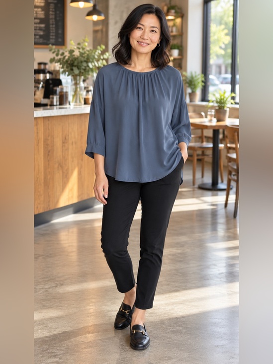 Everlane Tops - Everlane Ruched Cupro Blouse Size 6 Blue Gray Oversized Minimalist Top
